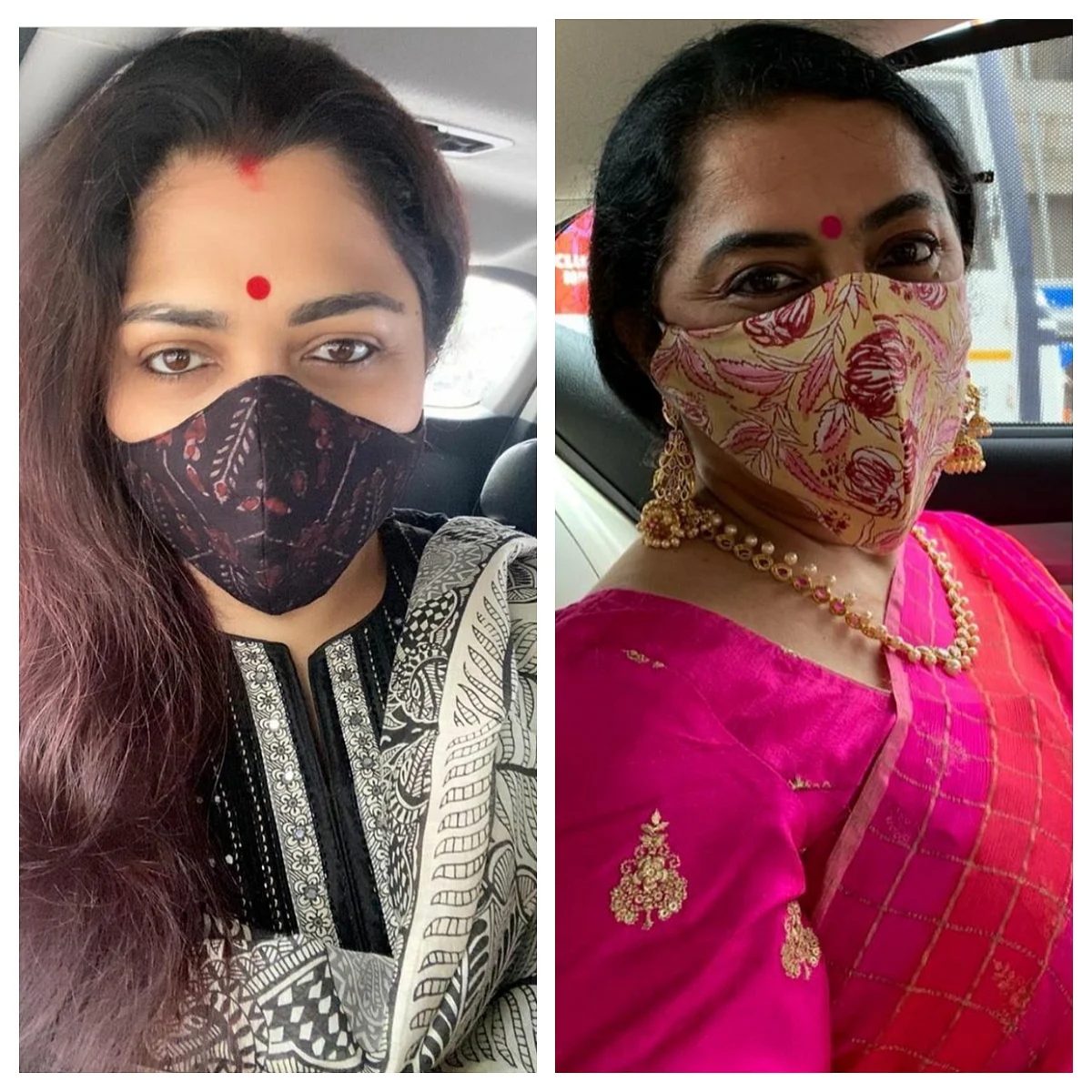டிசைனர் மாஸ்க் அணிந்துள்ள குஷ்பு, சுஹாசினி
