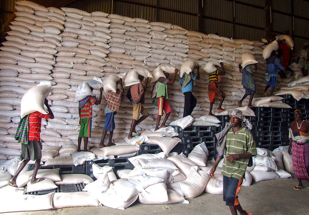 Somali porters offload sacks of a maize shipment from the World Food Program (WFP)