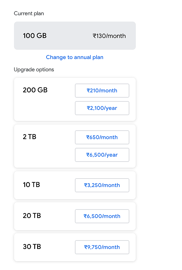 கூகுள் ஒன் சந்தா விலைப்பட்டியல்