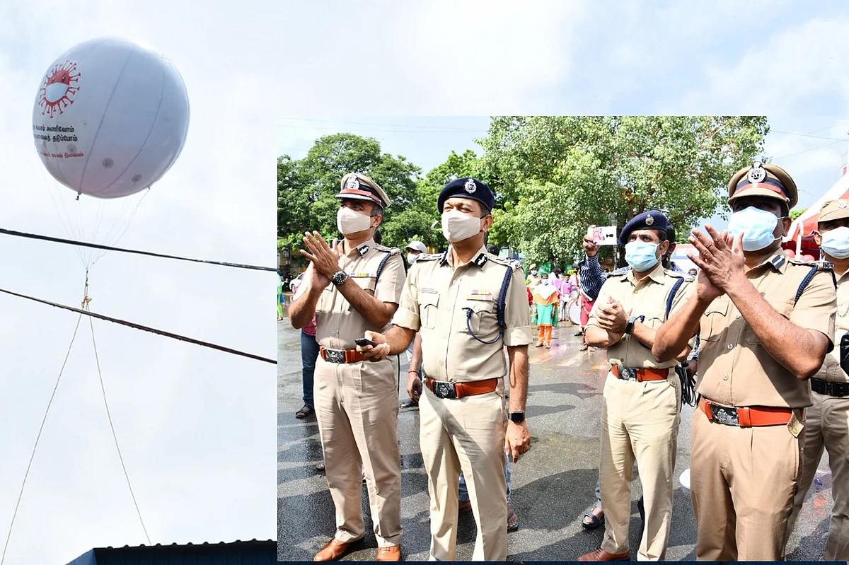 கொரோனா விழிப்புணர்வு ராட்சத பலூனை பறக்க விடும் கமிஷனர்