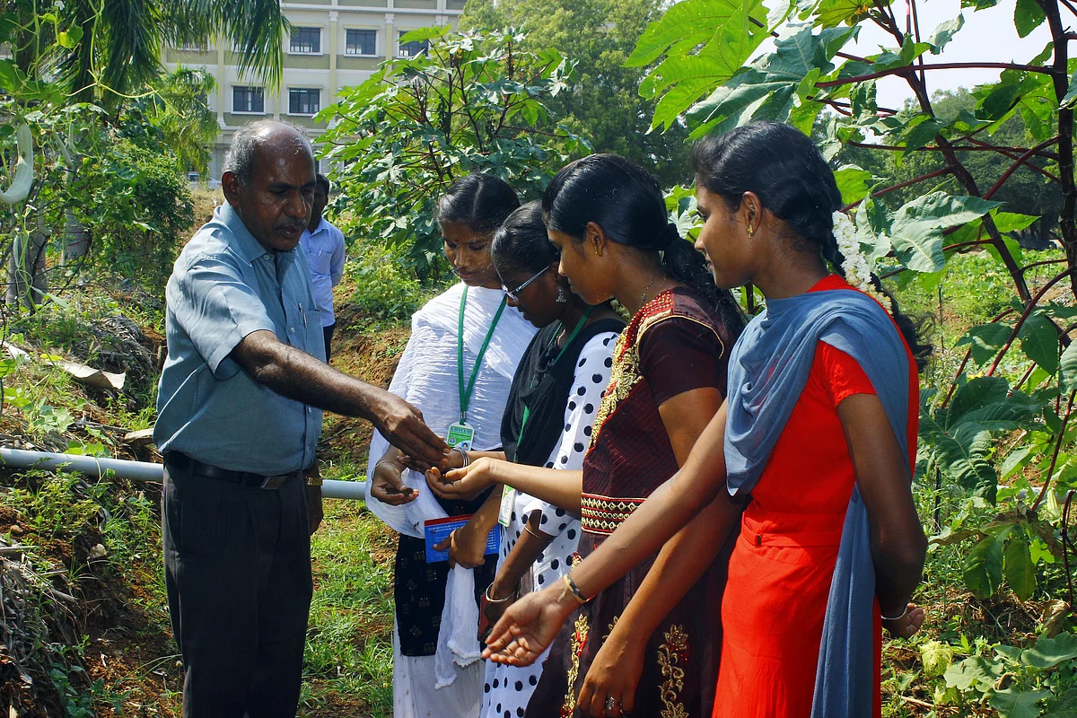 மாணவிகளுக்கு விதைகள் வழங்கும் செங்குட்டுவன்