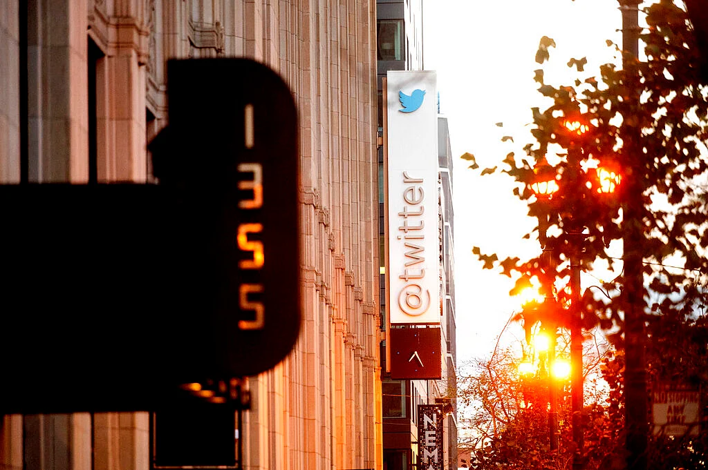 A sign hangs at Twitter headquarters in San Francisco.