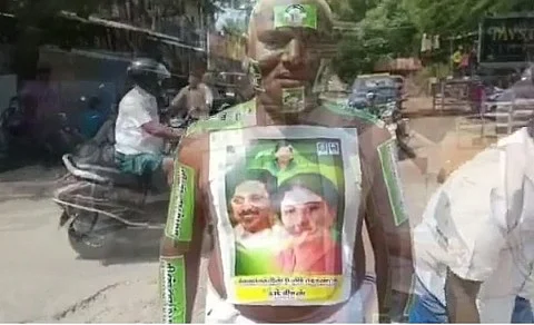 உடலில் ஒட்டப்பட்ட சசிகலா போஸ்டருடன் மகாராஜன்