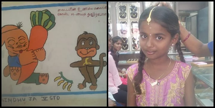 சிந்துஜா மற்றும் அவர் வரைந்த ஓவியம்.