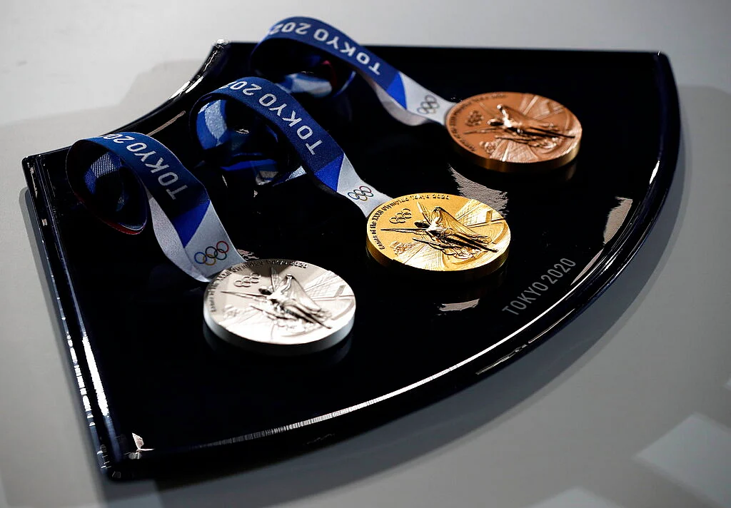 A medal tray that will be used during the victory ceremonies at the Tokyo 2020 Olympic