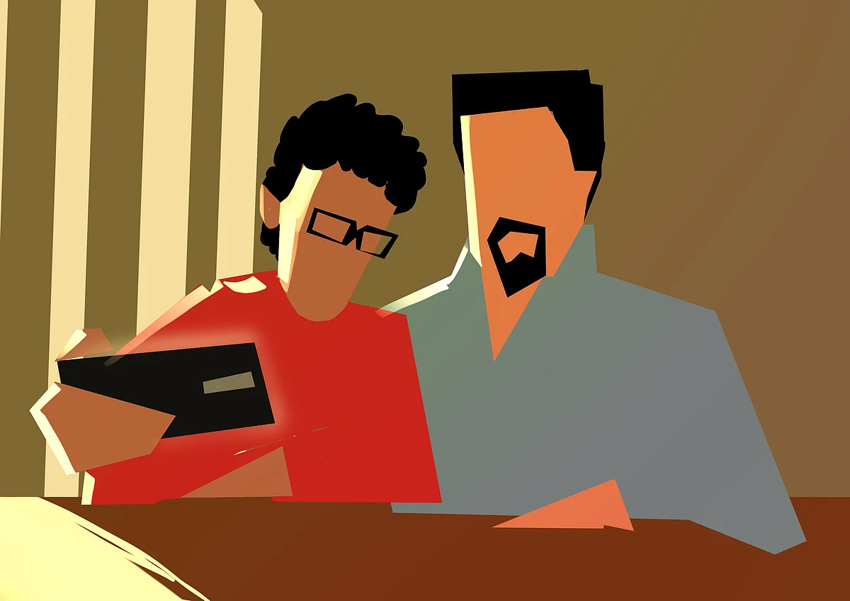 Prof. Murugan and Pavan in front of a phone on a call with Kavya