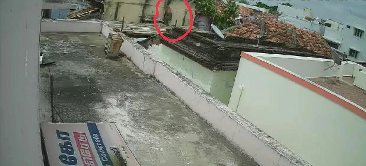 அன்பழகனின் வீட்டு மாடி வழியே உள்ளே நுழையும் நபர்