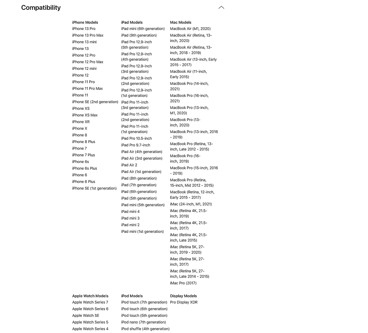 Apple Polishing Cloth Compatibility list