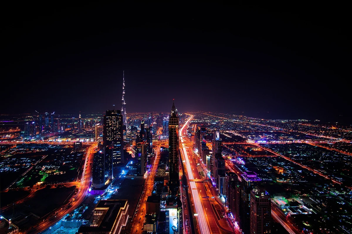 Dubai skyscraper city lights