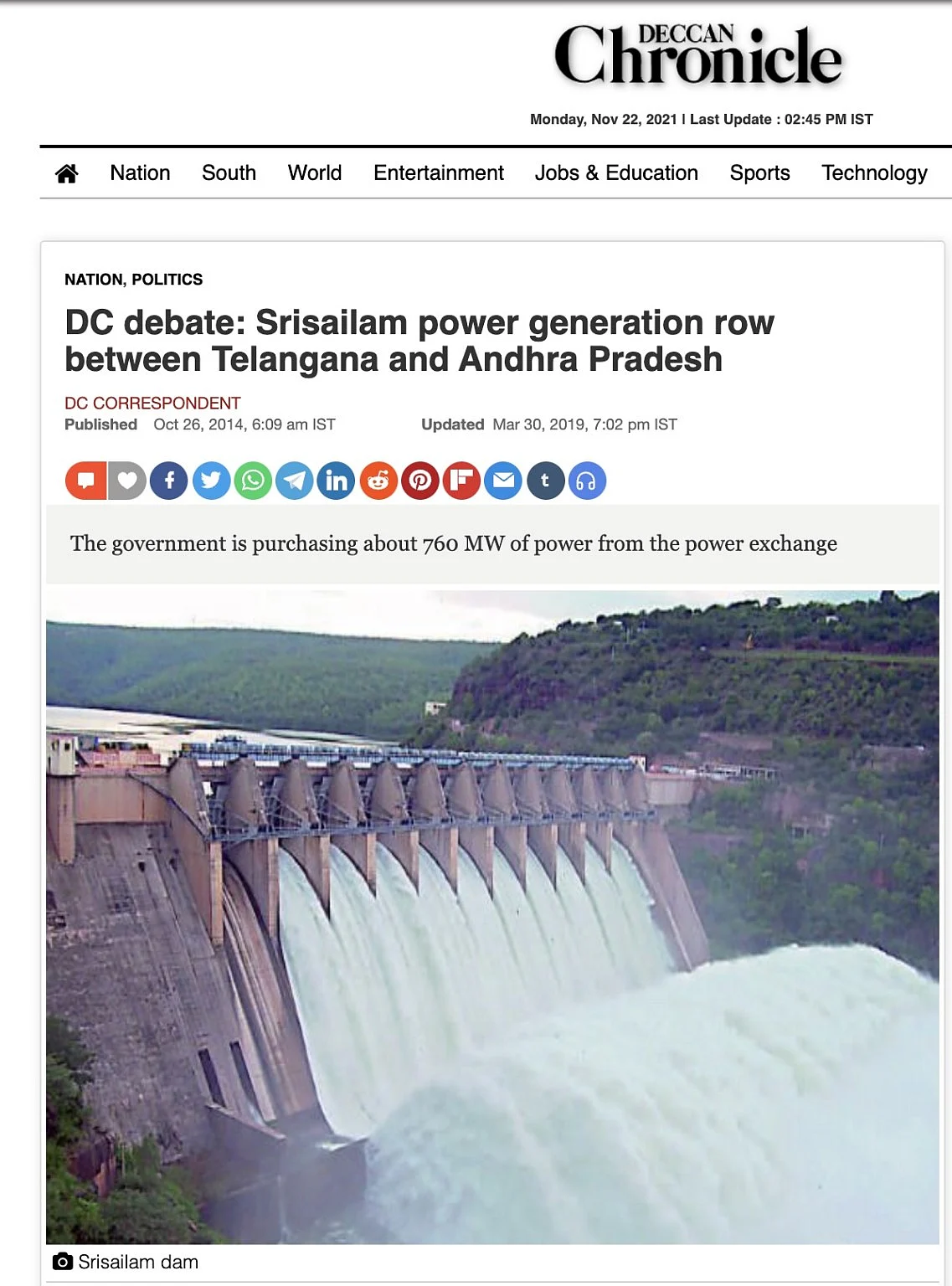 ஶ்ரீசைலம் அணை குறித்து `Deccan Chronicle' செய்தித் தளத்தில் வெளியான செய்தி