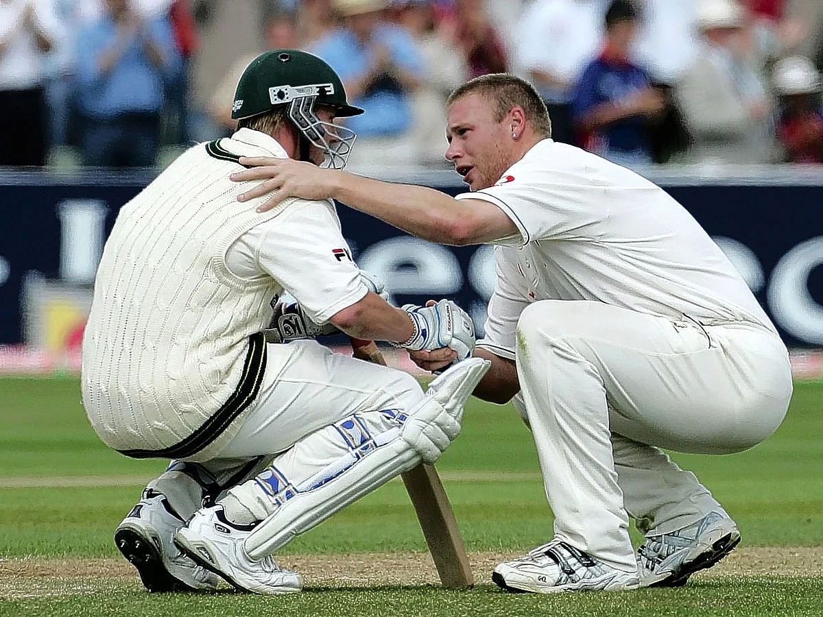 Andrew Flintoff consoling Brett Lee