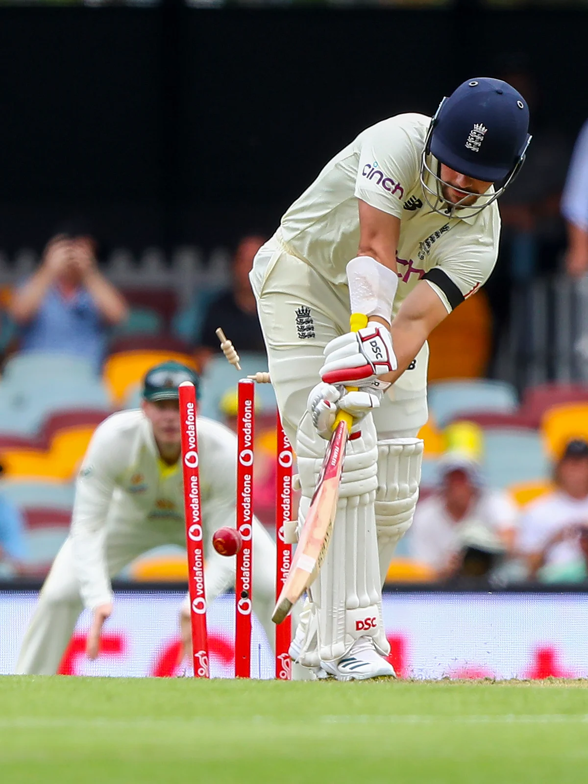 Rory Burns losing his stumps for a Starc Yorker