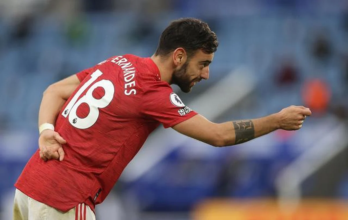 Soccer Football - Premier League - Leicester City v Manchester United - King Power Stadium, Leicester, Britain - December 26, 2020 Manchester United's Bruno Fernandes celebrates scoring their second goal Pool via REUTERS/Carl Recine