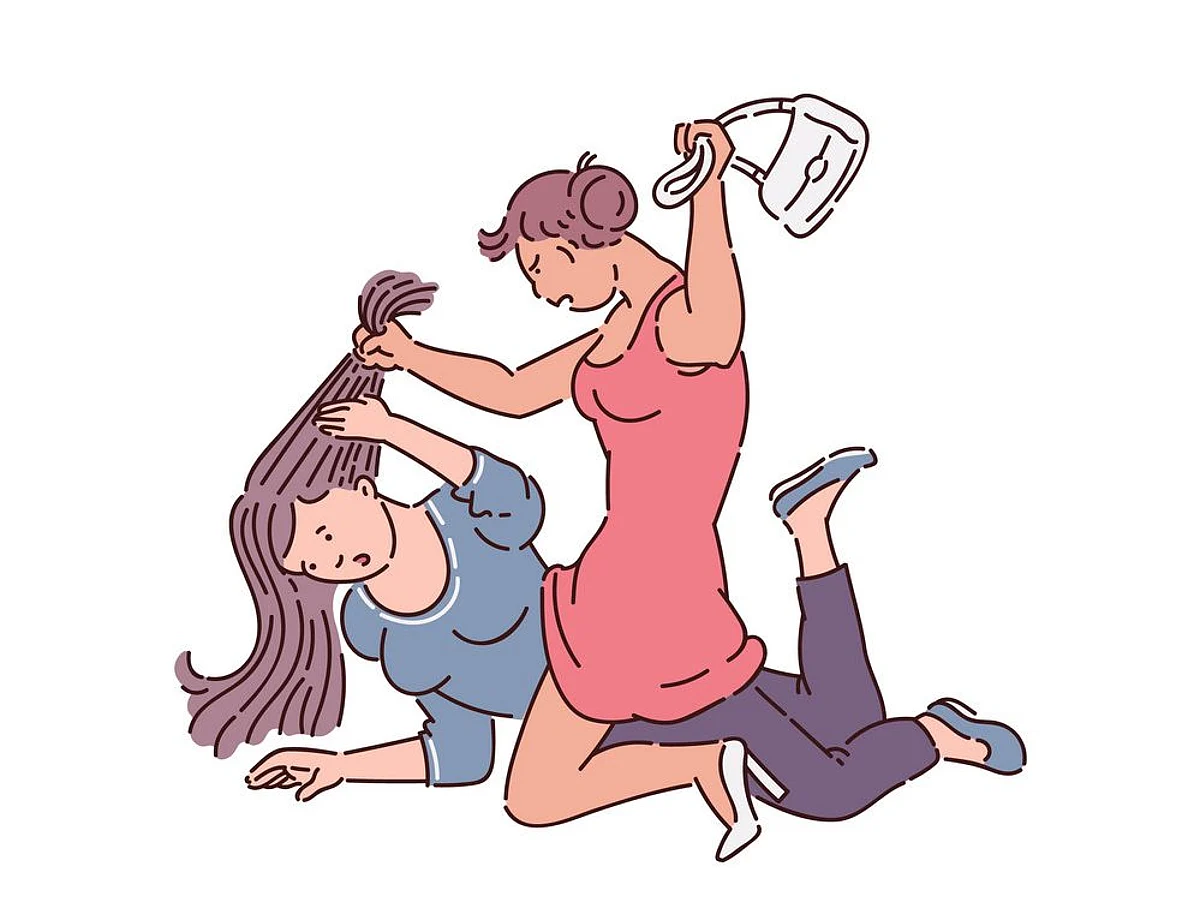 Girl fight between two women, drawing of female quarrel of angry people, aggressive bully attack helpless victim on ground, pulling hair and hitting with bag, flat isolated vector illustration