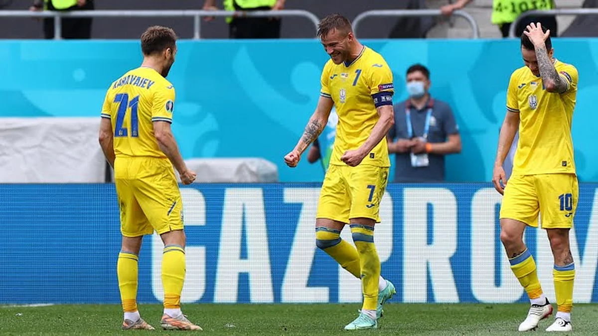 Ukraine stars celebrate a goal against NOrth MAcedonia at the EURO 2020