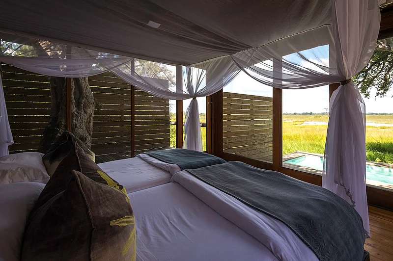 Twin bedded family tent and view